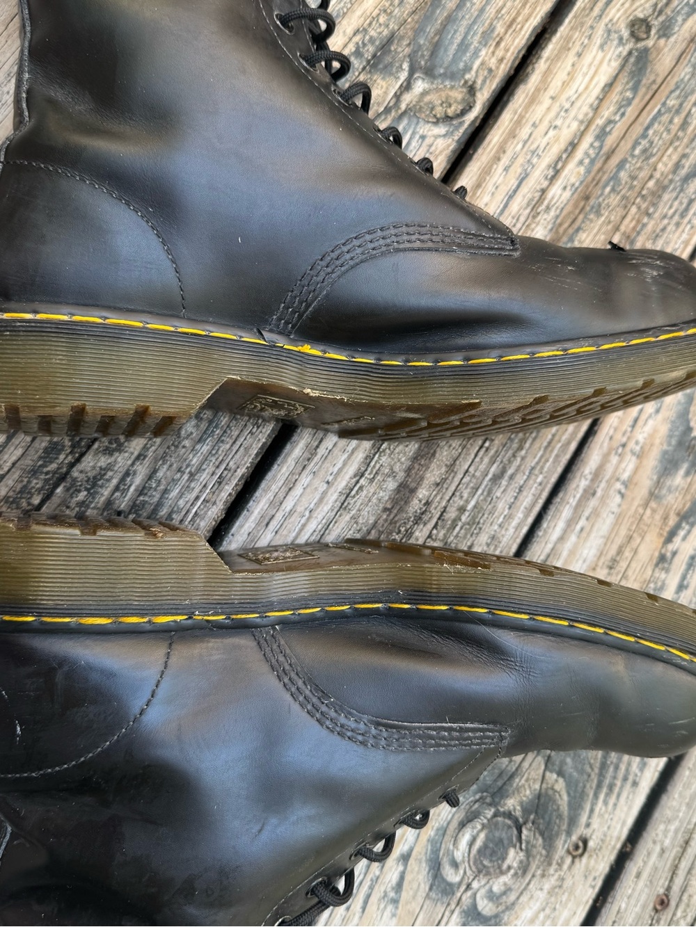Dr. Martens AirWair Black Leather Lace-Up Combat Boots with Yellow Stitching - Picture 7 of 9